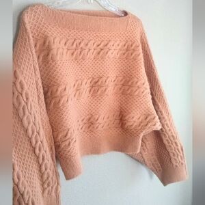 XS Lovers + Friends chunky boat neck cropped sweater w/ cable knit -camel brown